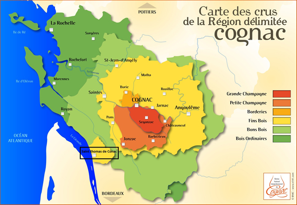 carte des crus de la region delimitee cognac